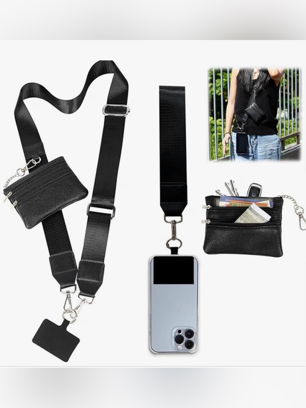 Black Phone Crossbody Strap with Detachable Mini Wallet